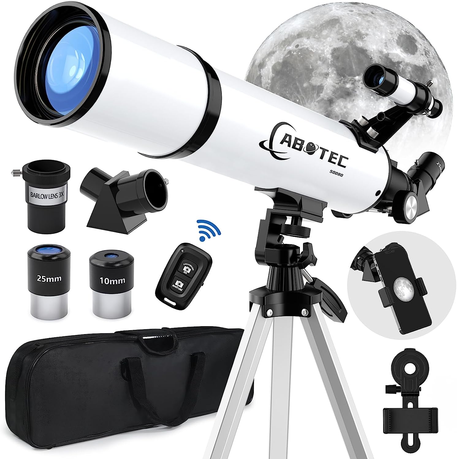 ABOTEC Telescope, 80mm Aperture Telescopes for Adults Astronomy & Kids & Beginners, Portable 500mm Refracting Telescope with an Adjustable Tripod, a Bag, a Phone Adapter & a Wireless Remote