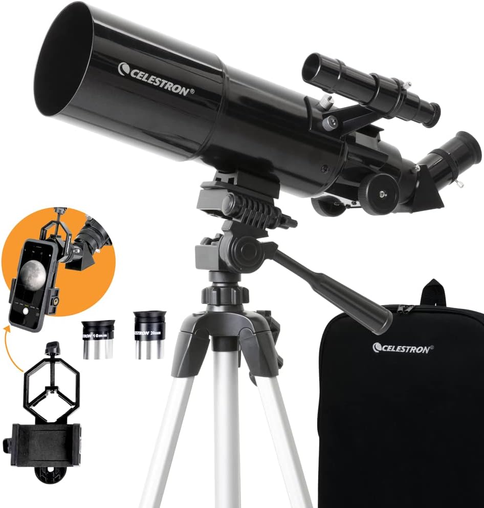 Celestron – 80mm Travel Scope – Portable Refractor Telescope – Fully-Coated Glass Optics – Perfect Telescope for Beginners – Bonus Astronomy Software Package – Digiscoping Smartphone Adapter