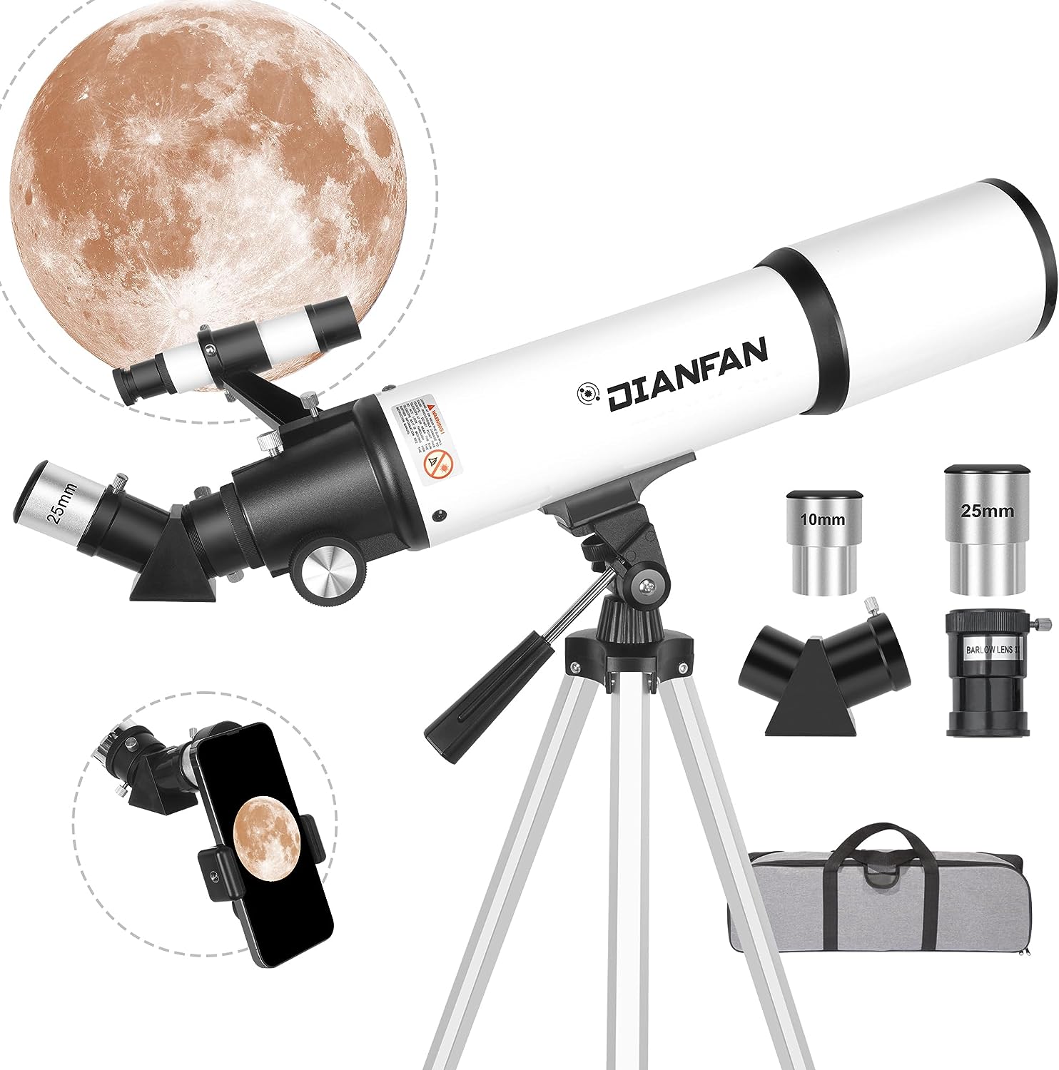 Dianfan Telescope,80mm Aperture 600mm Telescopes for Adults Astronomy,Fully Mult-Coated High Powered Refracting Telescope for Kids Beginners,Professional Telescopes with Tripod,Phone Adapter and Bag