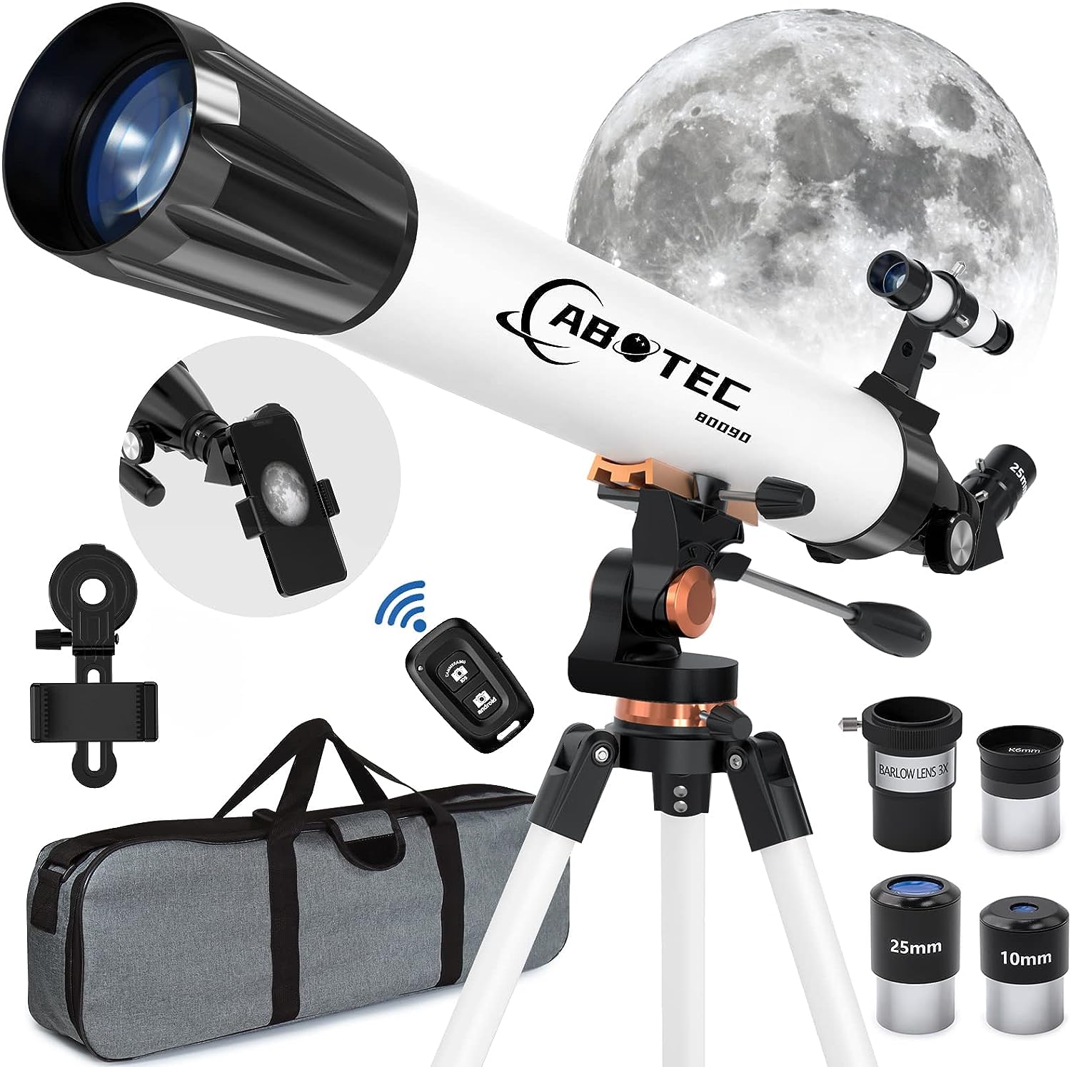 ABOTEC Telescope for Adults Astronomy, 90mm Aperture 800mm Refractor Telescopes for Kids & Beginners, (32X-400X) Multi-Coated High Transmission Telescope with Carry Bag & Phone Mount &Wireless Control