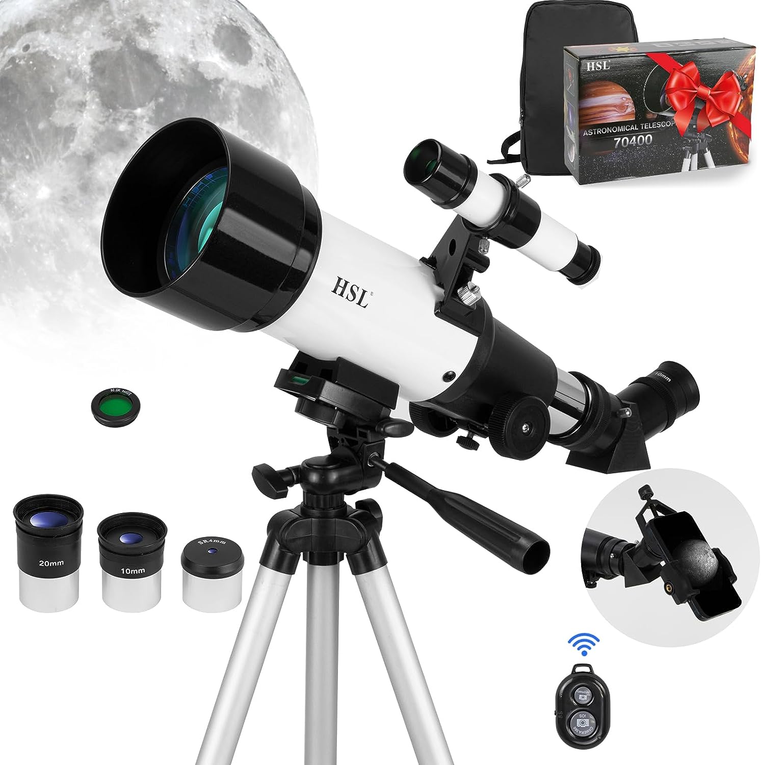 HSL Telescope for Adults & Kids, 70mm Aperture 400mm Focal Length Refractor Telescope for Astronomy Beginners(20x-100x) – Travel Telescopes with Carry Bag and Adapter(Black)