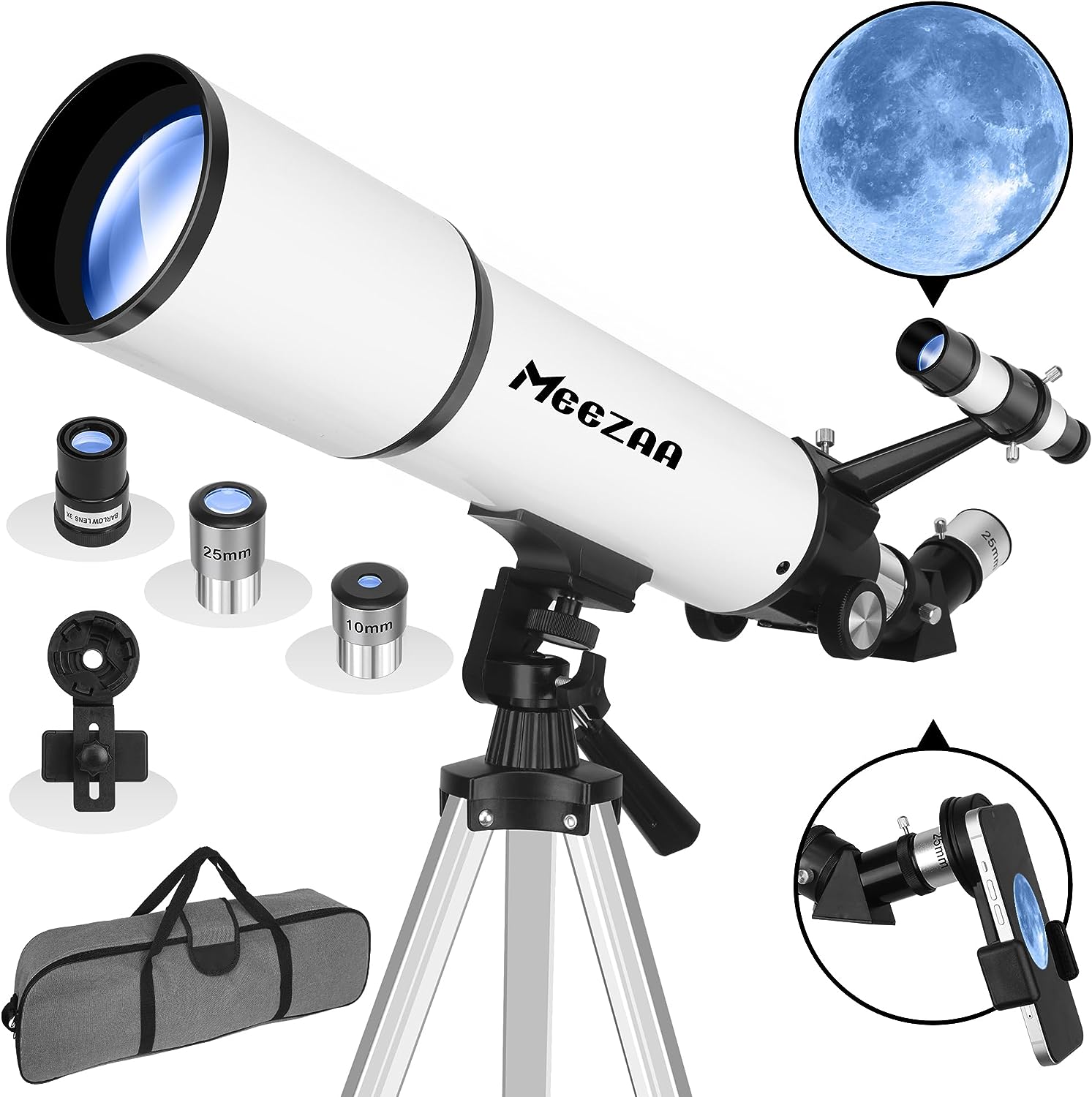 MEEZAA Telescope for Adults Astronomy, 80mm Aperture 600mm Refractor Telescope for Kids & Beginners, Fully Multi-Coated Optics High Transmission Telescopes with Tripod & Phone Adapter & Carrying Bag