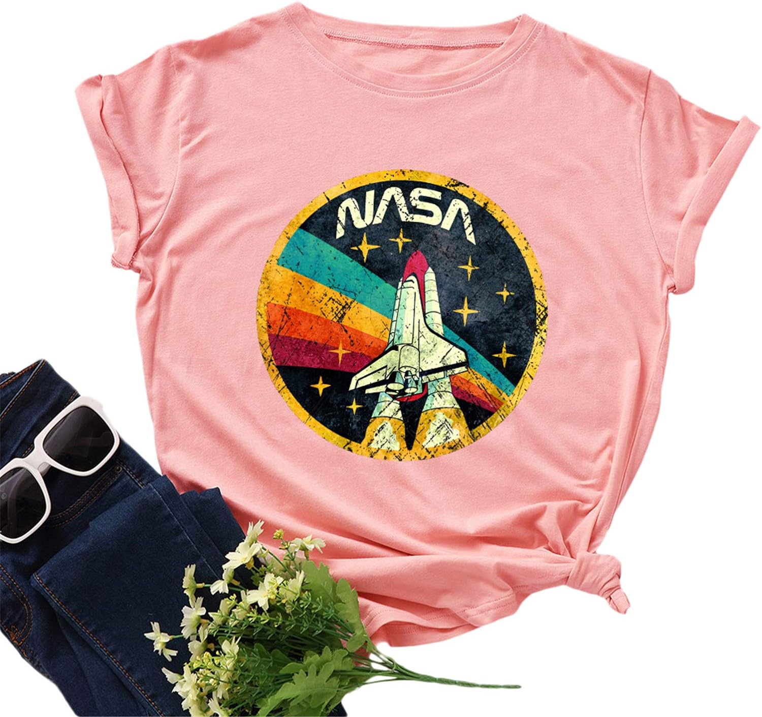 Nicetage Women Vintage Space Shuttle Graphic T-Shirt NASA Letter Print Shirt Casual Tee Tops