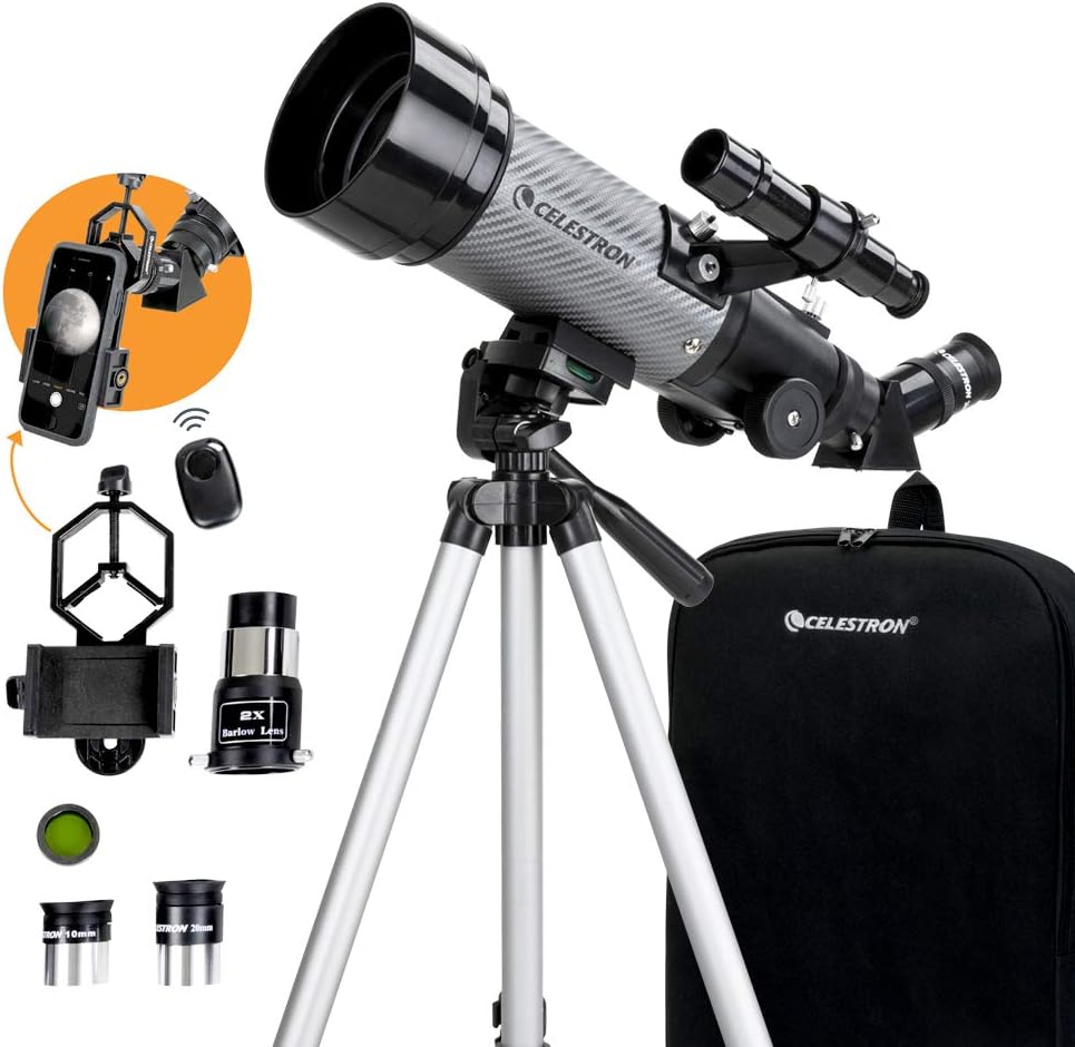 Celestron – 70mm Travel Scope DX – Portable Refractor Telescope – Fully-Coated Glass Optics – Perfect Telescope for Beginners – BONUS Astronomy Software Package – Digiscoping Smartphone Adapter
