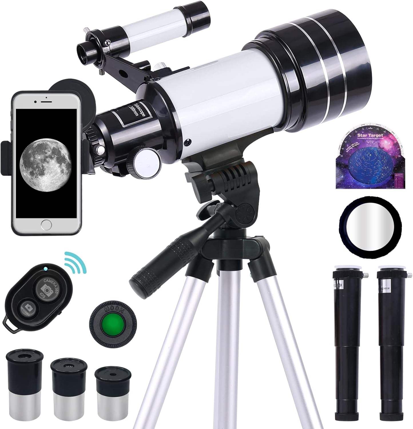 Telescope for Adults & Kids, 70mm Aperture Professional Astronomy Refractor Telescope for Beginners, 300mm Portable Refractor Telescope with AZ Mount, Phone Adapter & Wireless Remote(Blue)