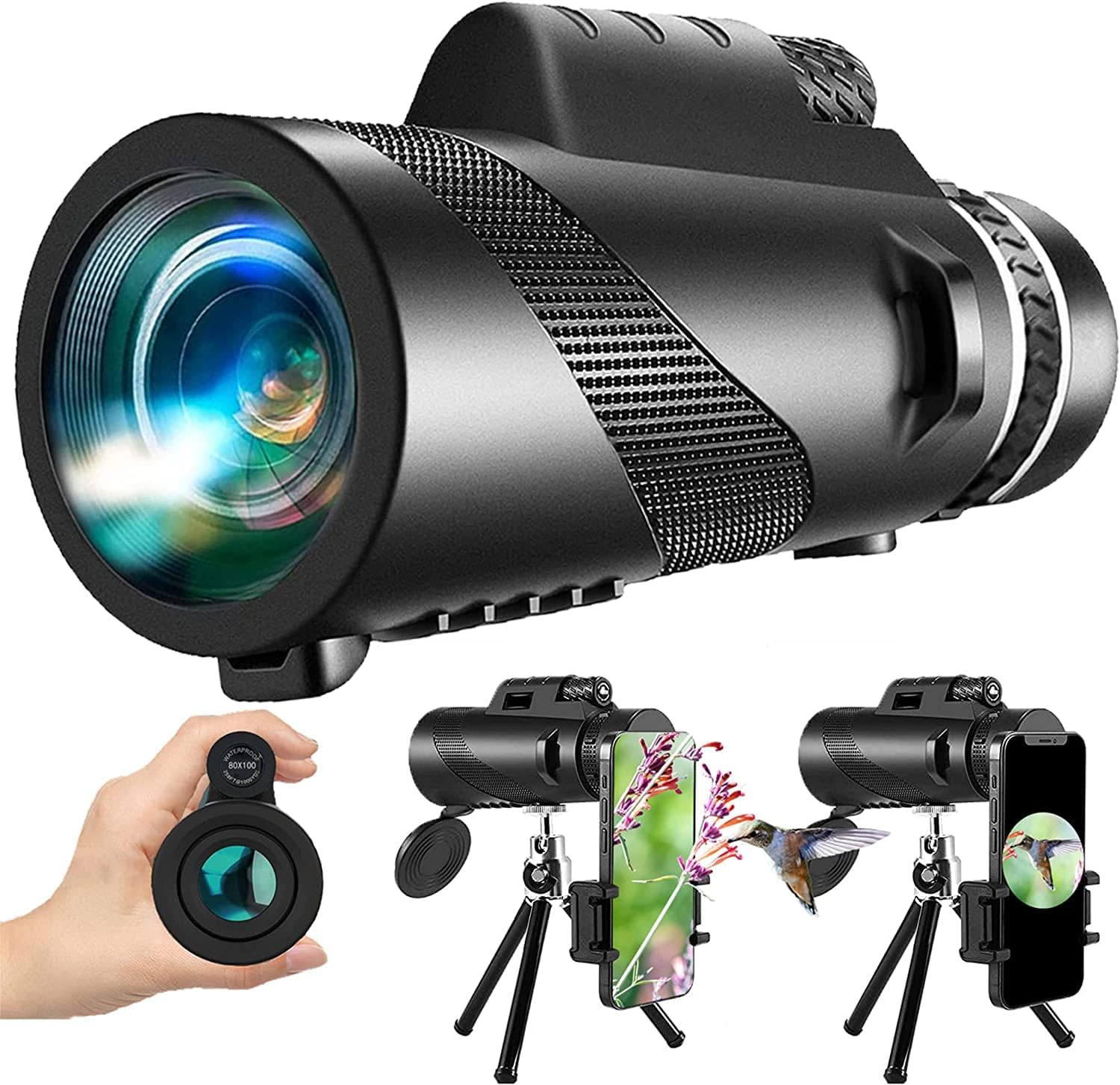 80×100 Monocular-Telescope for Adults High Powered Compact Monoculars with Smartphone Holder & Tripod, BAK4 Prism &FMC Lens for Stargazing Hunting Hiking Travel Bird Watching Camping Wildlife Scenery