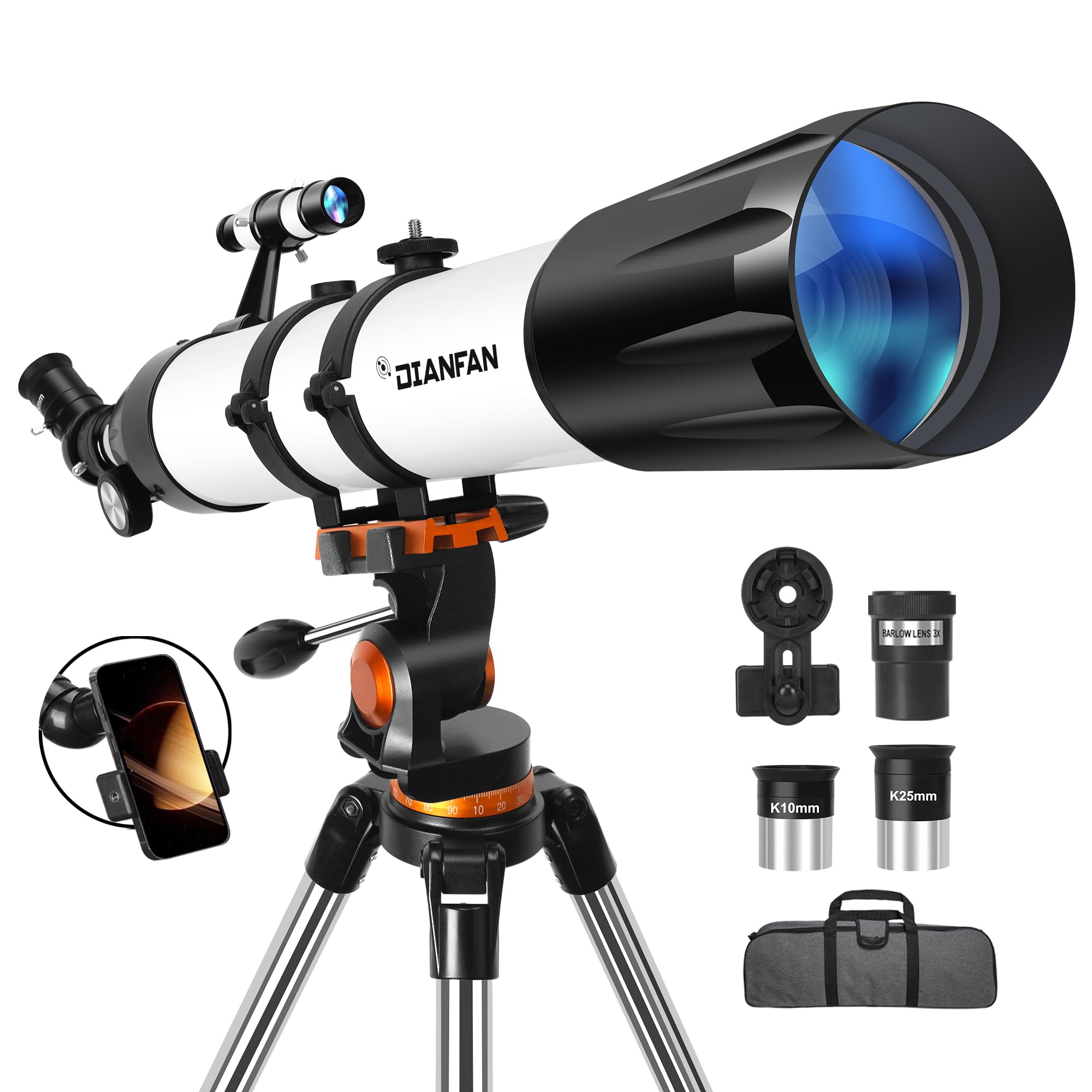 Dianfan Telescope,90mm Aperture 800mm (32X-240X) Telescopes for Adults Astronomy,Portable Professional Refractor Telescope for Beginners & Kids,with AZ Mount Stainless Tripod & Phone Adapter,Carry Bag