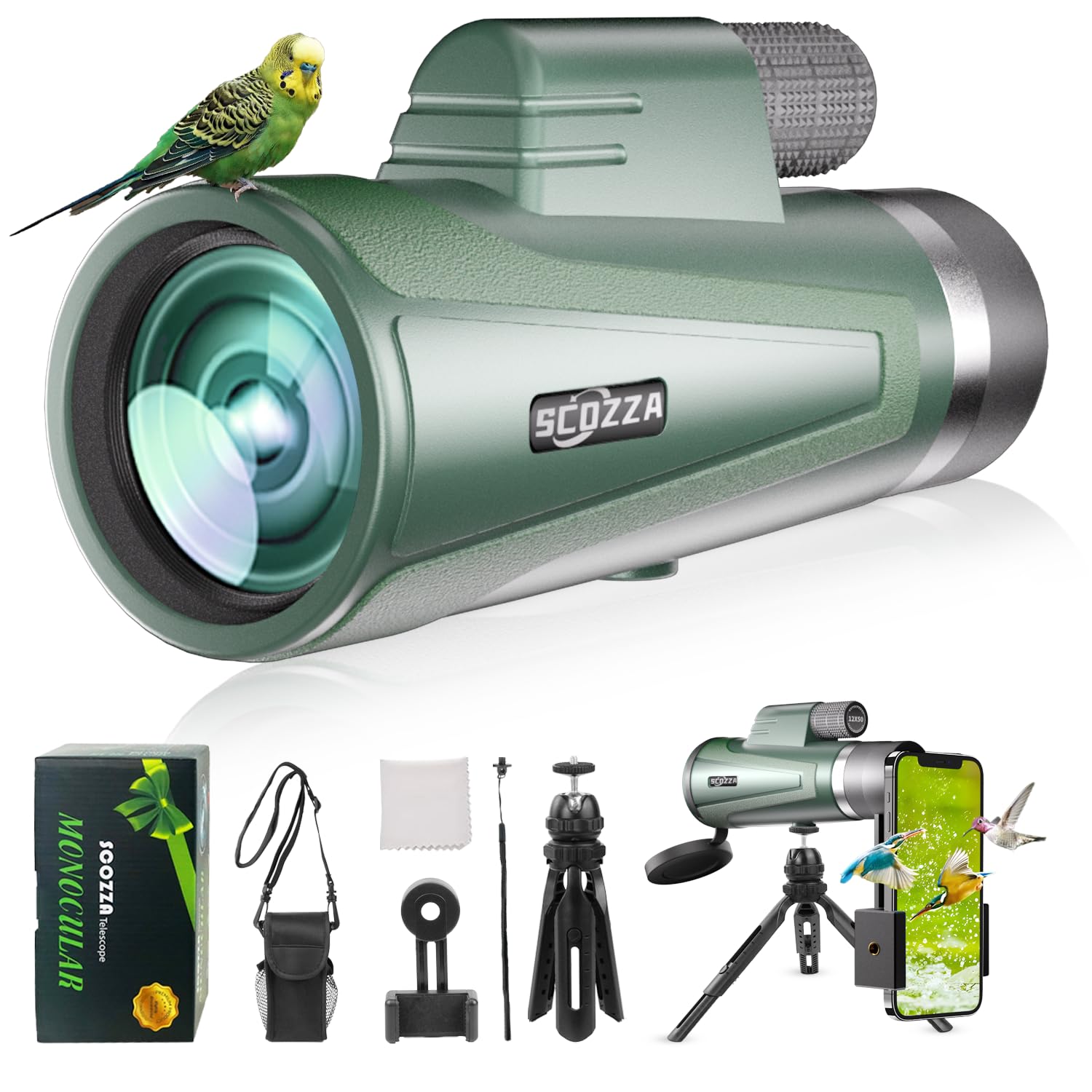 12X50 HD Monocular Telescope High Powered with Smartphone Adapter &Tripod – BAK4 Prism Monocular for Wildlife Bird Watching Hunting Travel Camping Stargazing Hiking