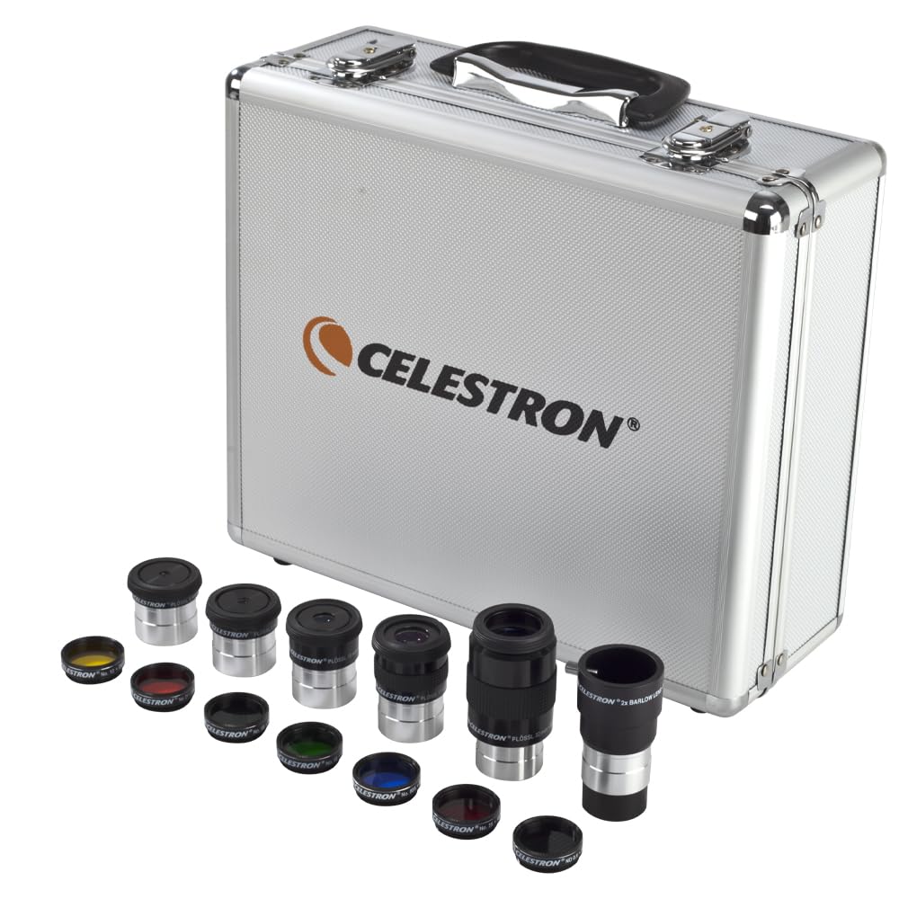 Celestron – 1.25” Eyepiece and Filter Accessory Kit – 14 Piece Telescope Accessory Set – Plossl Telescope Eyepiece – Barlow Lens – Colored Filters – Moon Filter – Sturdy Metal Carry Case