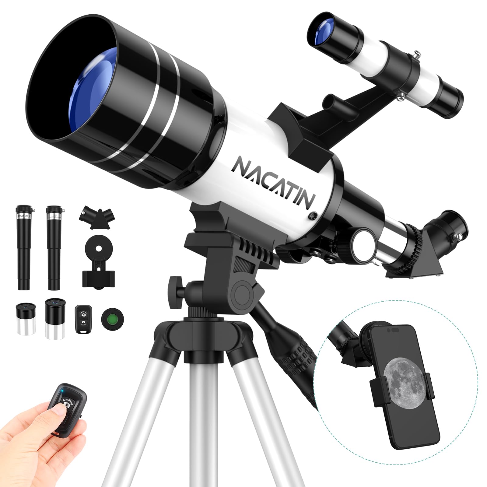 Telescope for Adults & Kids, NACATIN 70mm Aperture (15X-150X) Portable Refractor Telescopes for Astronomy Beginners, 300mm Professional Travel Telescope with A Smartphone Adapter& A Wireless Remote