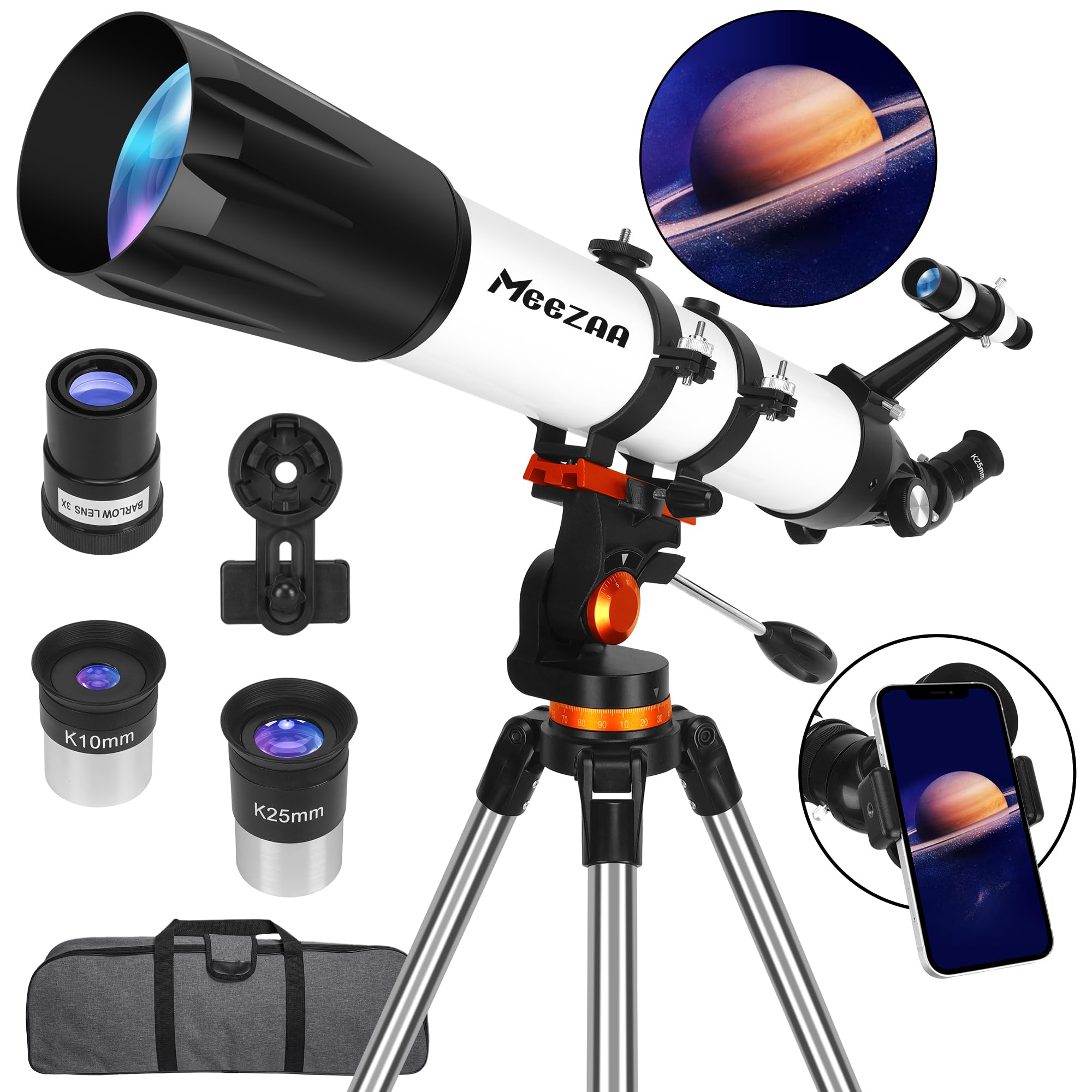 MEEZAA Telescope, Astronomy Telescope for Adults High Powered, 90mm Aperture 800mm Professional Refractor Telescopes for Kids & Beginners, Multi-Coated High Transmission with Phone Adapter Carry Bag